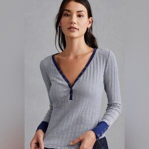 Anthropologie Pilcro Waffle Henley Top, Blue Motif, Small